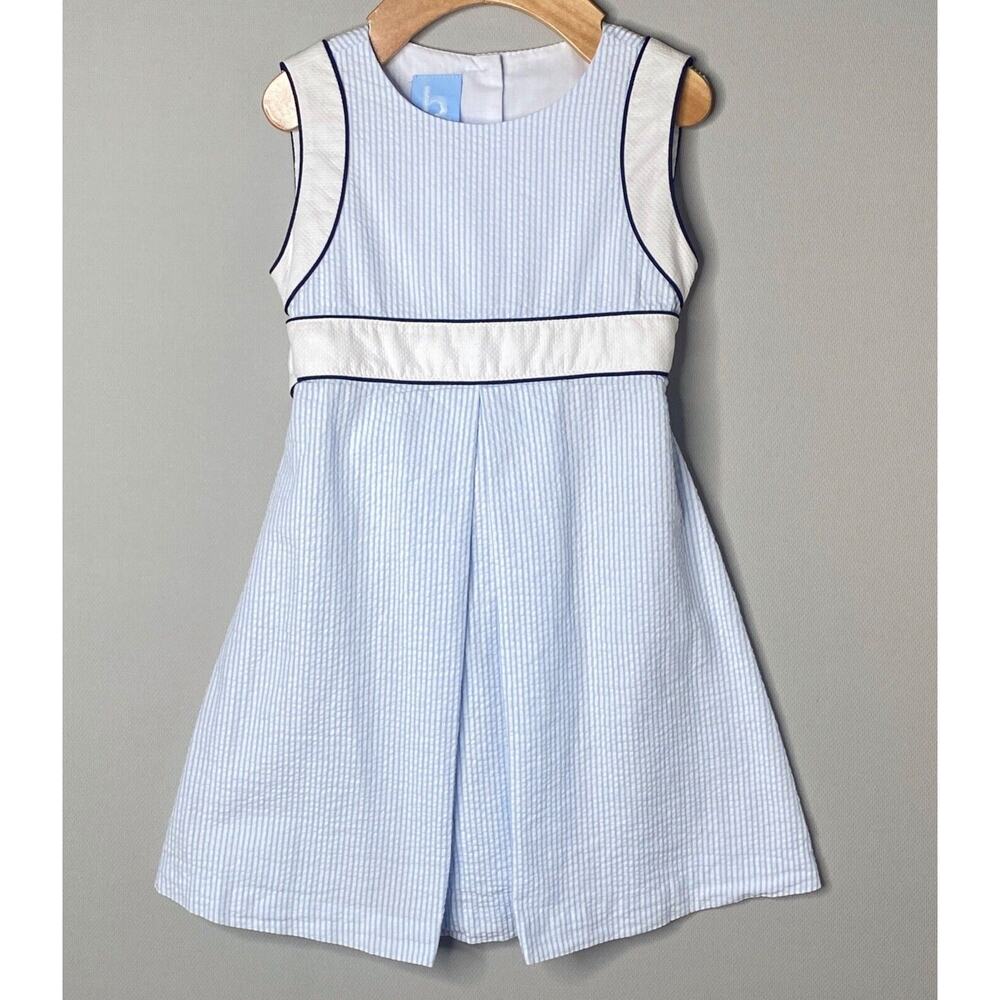 Bella Bliss Blue Seersucker Stripe Sleeveless Dress w/Waist Sash Girls 4 Yrs